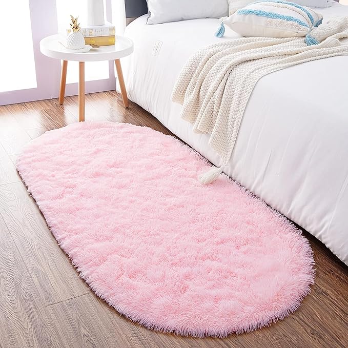 Noahas Fluffy Pink Rugs for Bedroom Girls,2'X5' Oval Throw Rug for Kids Room,Shag Hallway Runner Rug,Small Soft Shaggy Bedside Non-Slip Plush Nursery Dorm Carpet Home Decor Aesthetic