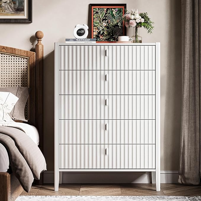 White 5 Drawer Dresser, Modern Tall Dresser for Bedroom, Fluted Wood Chest of Drawers with Deep Drawers for Clothes, Storage Cabinet for Bedroom, Living Rooms, Offices, Entryways
