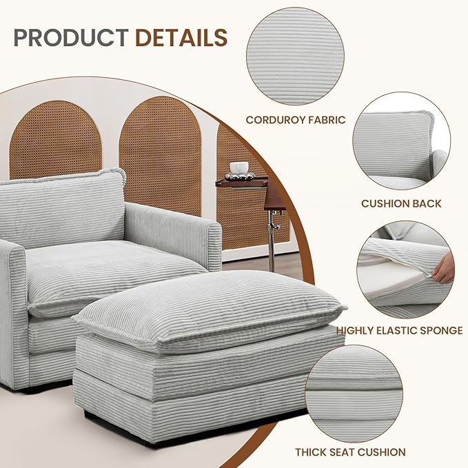 ROWHY Single Armchair with Ottoman, Modern Corduroy Cloud Couch with Convertible Chaise, Upholstered Sofa Set for Living Room, Light Grey