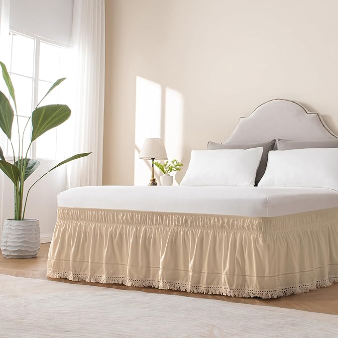 MIYE Wrap Around Ruffled Lace Bed Skirt, Elastic Dust Ruffle with Adjustable Belts, Easy to Put On, Bed Frame Cover, Machine Washable (Tassel Ruffle/Beige, Full/Twin-18 Drop)