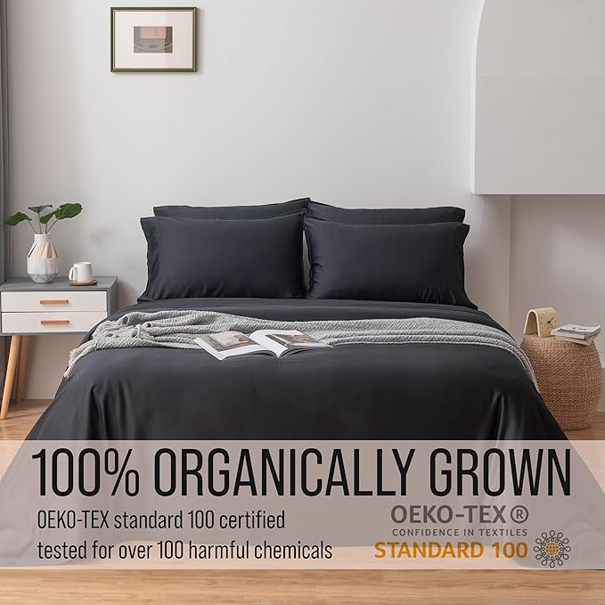 Bella Coterie 6 Piece Luxury Bamboo Viscose Split Top King Size Sheet Set | 34" Split for Adjustable Beds | 100% Organically Grown| Cooling | 18” Deep Pocket | 4 Pillowcases [Black]