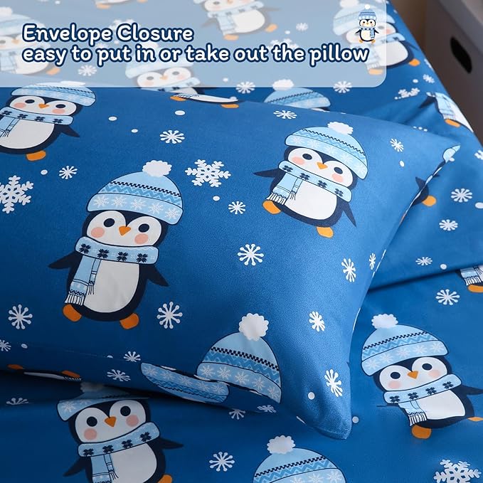 JSD Penguin Snowflakes Kids Christmas Sheet Set Full Size, 4 Piece Blue Printed Microfiber Sheets Deep Pocket