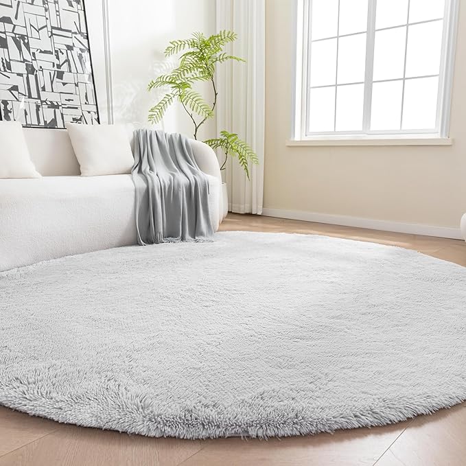 Amazon Basics Fluffy Washable Round Area Rug, Circle Shaggy Carpet for Living Room, Bedroom, Nursery, 5'R, Gray