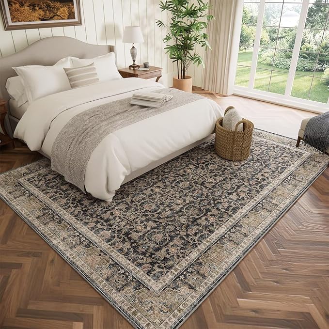Washable 6x9 Area Rugs for Living Room, Boho Non-Slip Vintage Distress Large Rugs for Bedroom Dining Room Nursery Office, 0.3" Neutral Oriental Throw Thin Carpet, Black/Brown/Blue/Multi