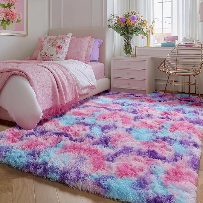 PAGISOFE Ultra Soft Rainbow Area Rugs for Girls Bedoom 4x6 Ft, Fluffy Cute Colorful Pastel Princess Carpet for Kids Teens Nursery,Dorm Rug for Room Decor Aesthetic,Hot Pink Purple Bedroom Decor