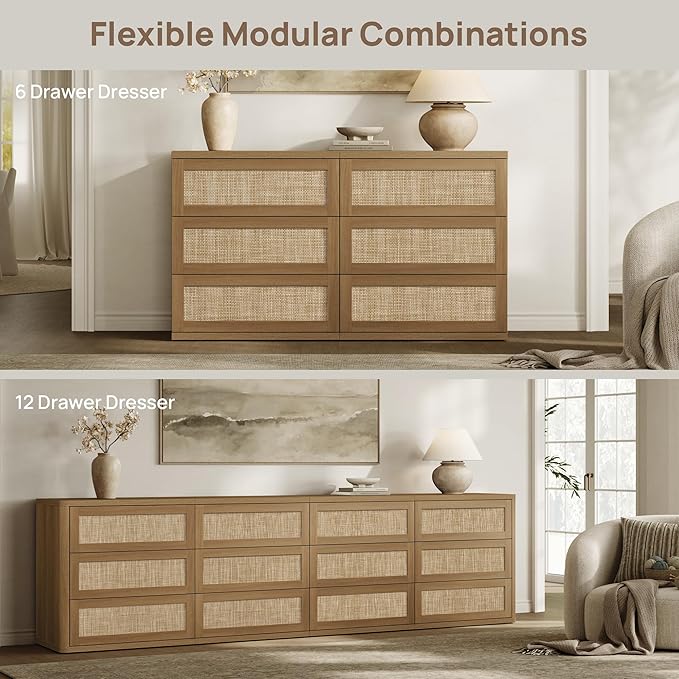 SICOTAS Dresser for Bedroom - 75" Wide 9 Drawer Dresser Rattan Dressers & Chests of Drawers Boho Drawers for Bedroom Bedside Table Clothes Long Closet Storage for Closet Hallway Entryway