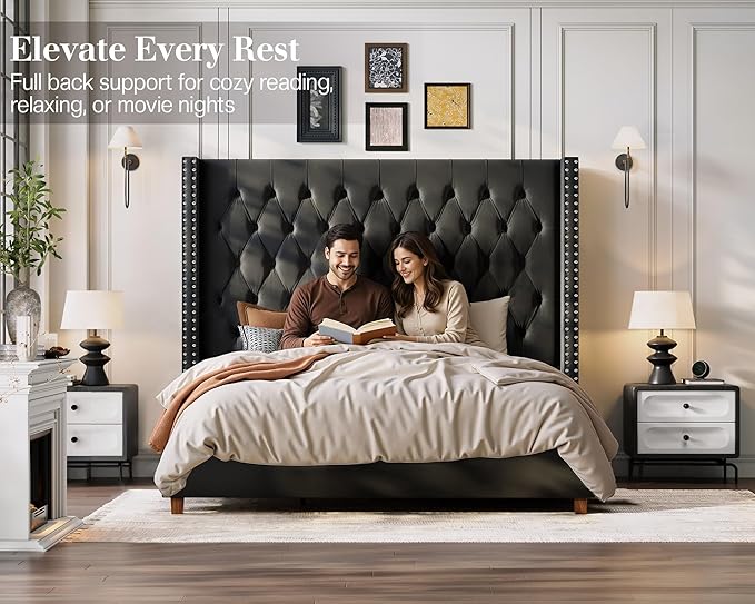 Jocisland Queen Size Bed Frame with 61.4" Tall Headboard, Velvet Upholstered Wingback Platform Design, Handcrafted Pleats& Deep Button Tufted, Solid Wood Legs, No Box Spring Needed, Black