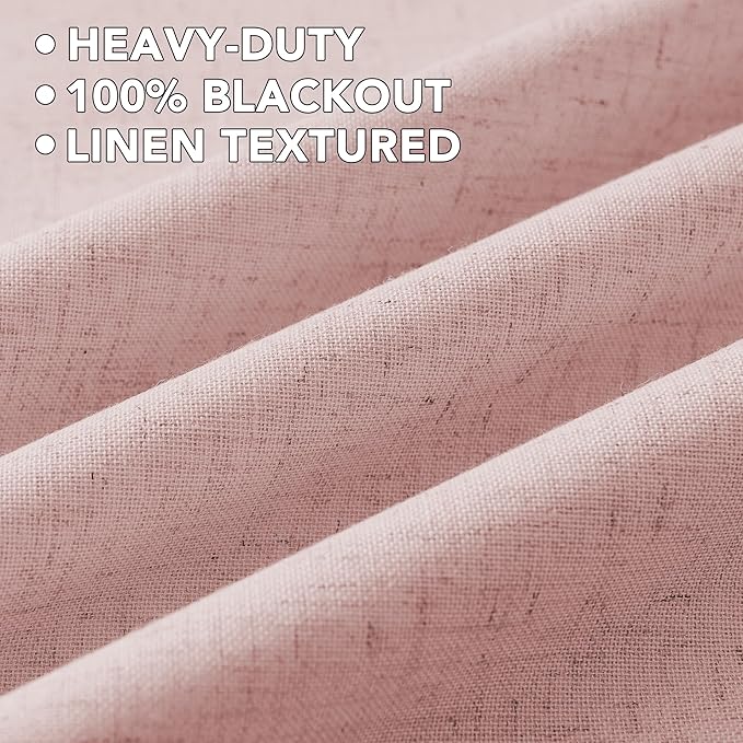 H.VERSAILTEX Linen Curtains 100% Blackout Curtains for Bedroom 54 inch Long Full Light Blocking Nature Linen Blended Window Curtains for Living Room Nickel Grommet (2 Panels, Heathered Baby Pink)