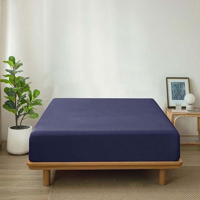 MooMee Fitted Bottom Sheet Only 100% Washed Cotton Linen Like Textured Breathable Durable Soft Comfy Deep Pocket Fits Mattress up to 17" (Dark Blue, King)
