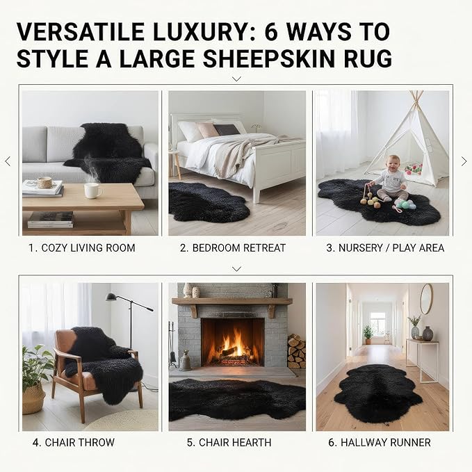 Black Sheepskin Rug 4x6 ft, Genuine Quad Pelt Fluffy Fur Area Rug for Living Room, Bed & Home Decor, Natural Sheepskin Throw