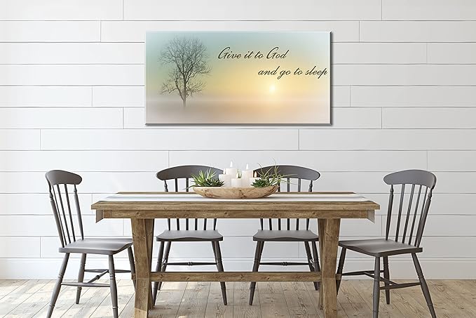Misty Sunset & Tree Plant Picture For Bedroom Above Bed,Large White Country Wood Sign For Bathroom Canvas Wall Art,Give It To God And Go To Sleep Artwork Decor,Gallery Wrapped Gift,Inner Frame(24x48)