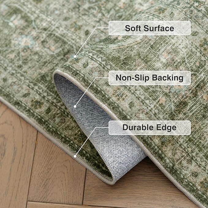 FMFUNCTEX 2x6 Runner Rug Green Vintage Neutral Washable Distressed Non Slip Low Pile Indoor Carpet Soft Retro Hallway Entryway Rug for Kitchen Living Room Bedroom Bathroom Laundry Entrance Bedside