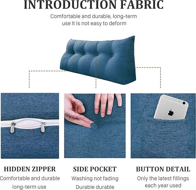 homecozy Wedge Headboard Pillow Dorm Room Reading Pillow Back Support for Sitting Up in Bed Bolster Lumbar Cushion Body Positioning Bedrest Cotton Linen 59in Blue Queen