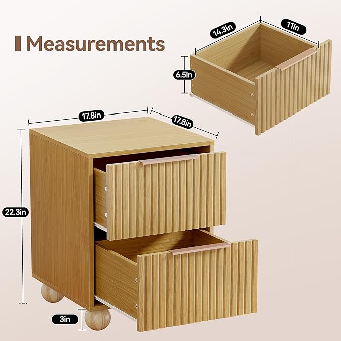 Fluted Nightstand, Natural Oak Finish Bedside Table with Spacious Storage Drawers, Night Stand with Solid Wood Round Legs for Bedroom, End Table, Side Table