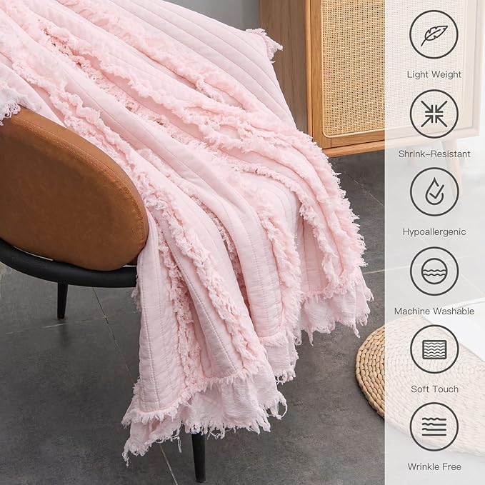 Ultra Soft Pre-Washed Quilted Throw Blanket, Ruffle Fringed Pink Boho Decorative Throw, Stone Washed Chic Rustic Blanket for Sofa Couch Bed Chair, 50"x 60"