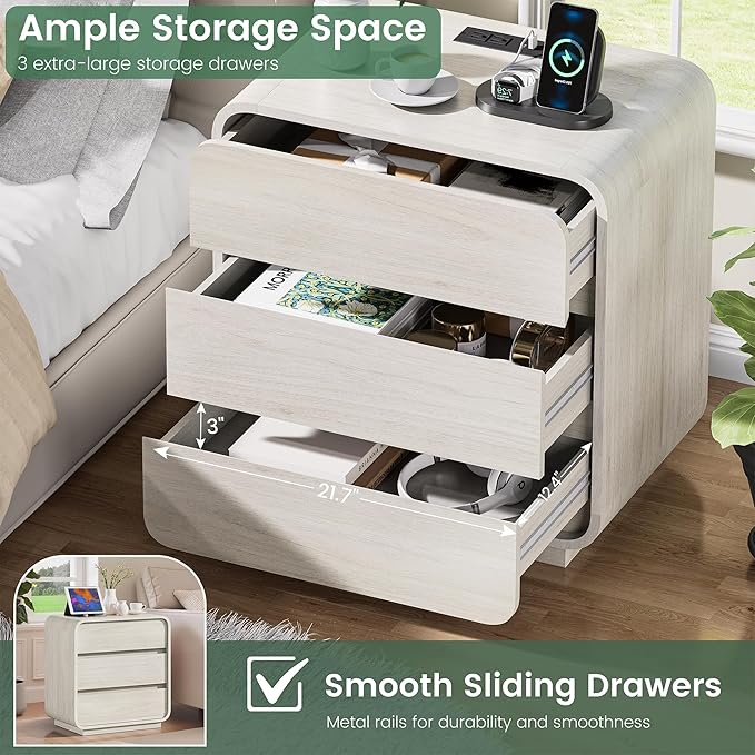 White Nightstand with Charging Station, 25" Tall Wood Bedside Table, Modern Curved End Table with 3 Storage Drawers Night Stand for Bedroom, Dorm, Sofa, Office