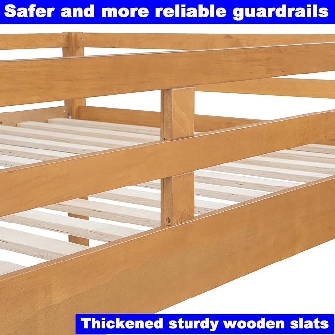 Upgraded Version Thicken Solid Wood Queen Over Queen Bunk Bed with Twin XL Size Trundle, Best Wooden Bunk Bed for Adults, Easy to Assemble (Wood Color with Trundle)