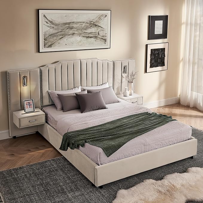 Luxury Queen Bed Frame with Headboard and Storage, Velvet Fabric Upholstered Platform Bed Frame Queen Size with LED Lights, Solid Frame & Bedside Table, No Box Spring Needed, Beige