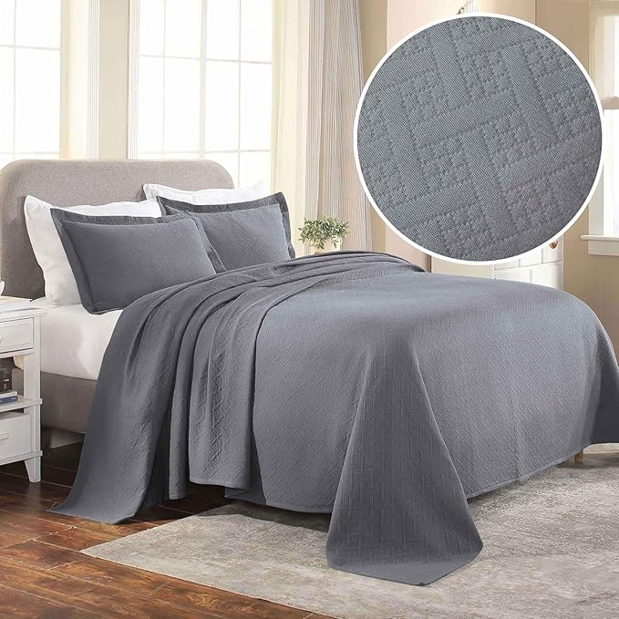 Superior 3 Piece Basketweave Cotton Bedspread Set, Home Bed Decor, Decorative Bed Spread, 2 Pillow Shams, Medium Weight Blanket, Matelasse Coverlet Bedding, Geometric Lattice Pattern, Full, Grey