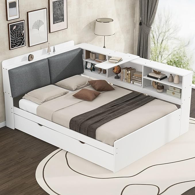 Ball & Cast Full Size Wooden Storage Daybed Frame, Modern Platform Bed with Trundle & Flip Headboard & Shelves, L Shaped Full Floor-Bed w/Upholstered Headboard&Storage, No Box Spring Needed, White