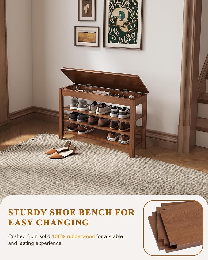 Shoe Rack Bench Seat Rubberwood 3-Tier Wooden Storage Bench 550lbs Compact Mid-Century Modern Design for Entryway, Hallway, Closet, Front Door Entrance, Foyer