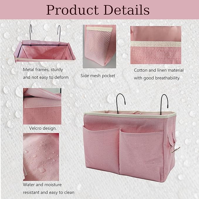 Someteth 2-Pack Bedside Caddy Bedside Hanging Storage Basket Multi-Function Organizer Caddy for Bunk and Hospital Beds Dorm Rooms Bed Rails, Can be Placed Glasses Books Mobile Phones（2 pcs pink）