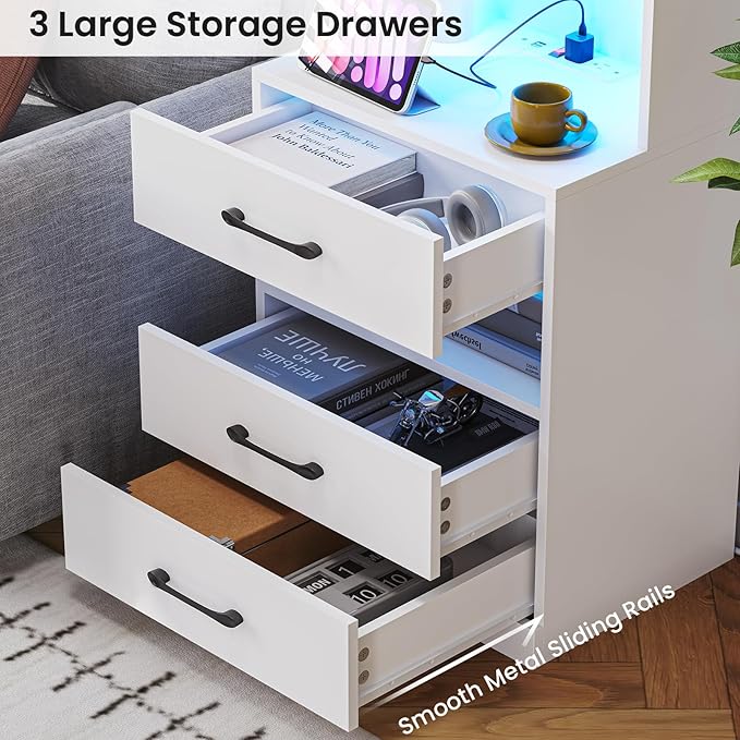 VIAGDO Tall Nightstand Set of 2 with Charging Station and LED Lights, White Night Stand Set 2 with Bookshelf, Modern LED Bedside Tables with 3 Drawers and Storage Shelves, Side Tables for Bedrooms