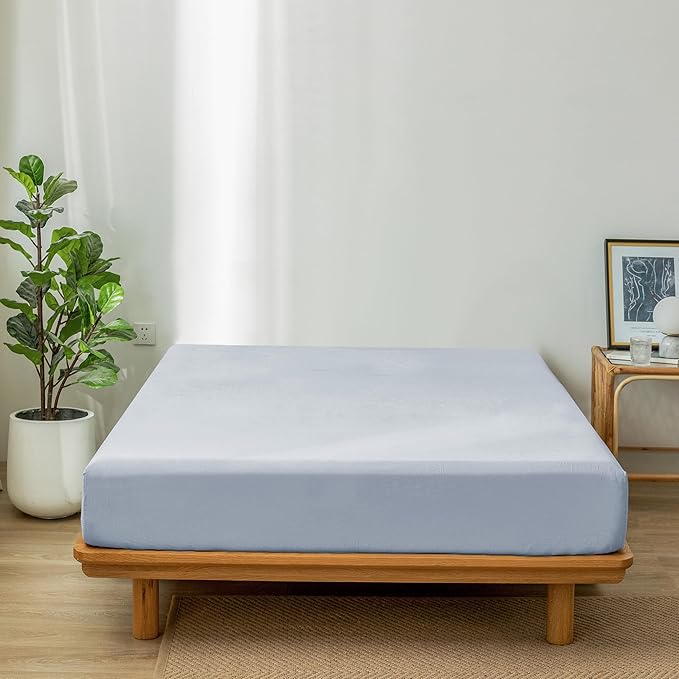 MooMee Fitted Bottom Sheet Only 100% Washed Cotton Linen Like Textured Breathable Durable Soft Comfy Deep Pocket Fits Mattress up to 17" (Cornflower Blue, California King)