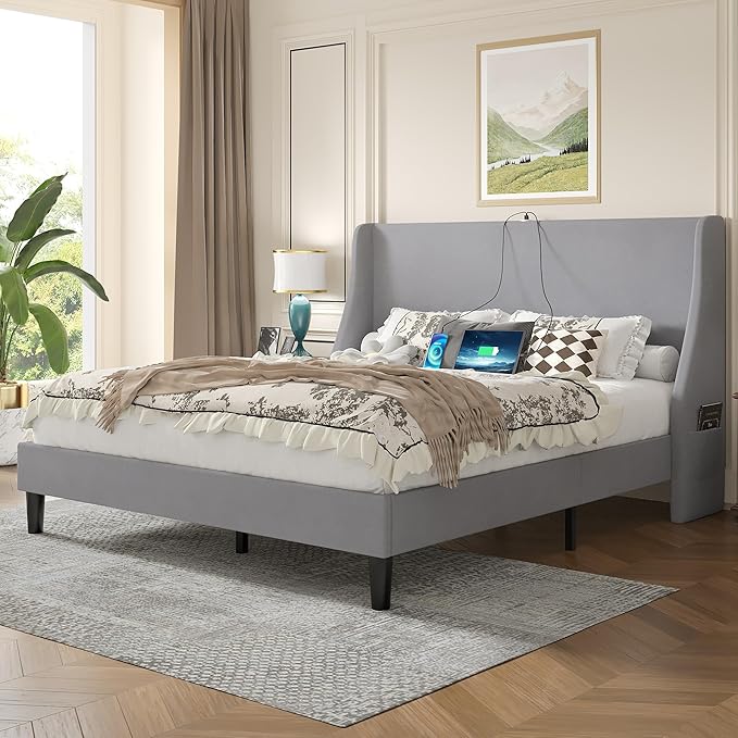 VECELO Queen Bed Frame with Upholstered Wingback Headboard, Heavy-Duty Platform Bedframe with Charging Station, Wooden Slats, No Box Spring Needed, Light Grey