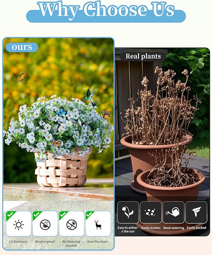JAKY-Global Faux Artificial Plants Outdoor Flowers Spring Summer Decoration 16 Bundles Fake Eucalyptus Silk Daisy UV Resistant Realistic for Outside Planters,Pot,Front Porch,Patio,Yard Decor