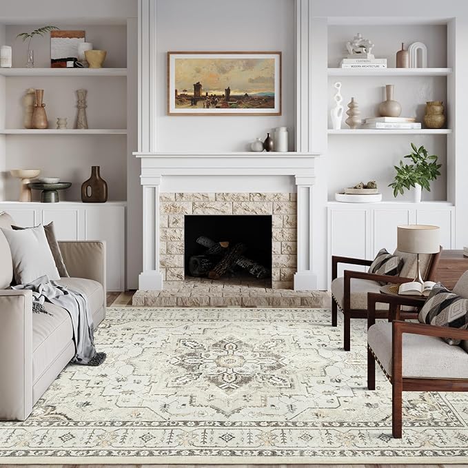 zesthome Washable Rug 6x9 Area Rugs,Stain Resistant Rugs for Living Room,Bedroom,Non-Slip Backing Home Decor Rug, Vintage Medallion Pattern Rugs (Beige,6'x9')