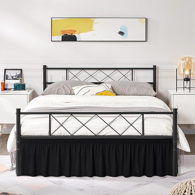 Biscaynebay Wrap Around Bed Skirts with Split Corners for Queen Beds 14" Drop, Black Elastic Dust Ruffles Adjustable Easy Fit Wrinkle & Fade Resistant Silky Luxurious Fabric Machine Washable