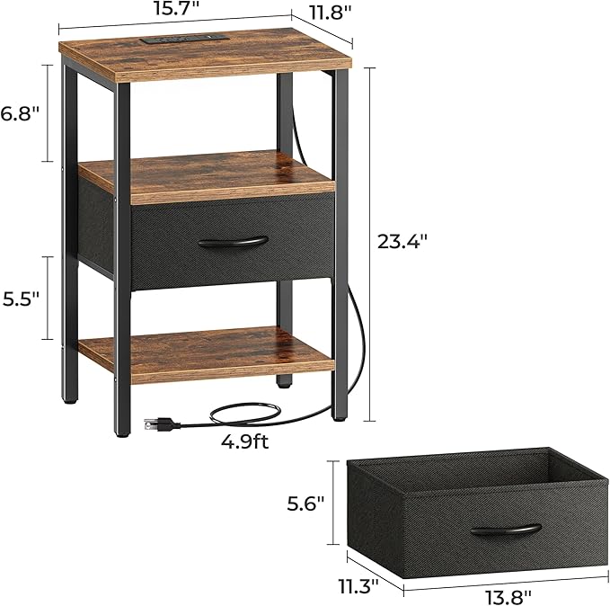 SUPERJARE Nightstand Set of 2, Bed Side Tables with Charging Station, Adjustable Fabric Drawer, Night Stand for Bedroom, 3-Tier Storage End Tables, for Living Room, Rustic Brown and Black