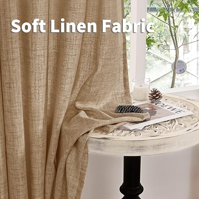 YoungsTex Burlap Linen Curtains 63 Inch Length 2 Panels for Bedroom, Toffee Tan Semi Sheer Drapes Textured with Bronze Grommet Light Filtering for Living Room Farmhouse, 52 X 63 Inch