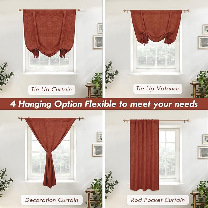 DriftAway Double Layer Linen Blackout Tie Up Curtains Thermal Insulated Fully Lined Balloon Roman Shade Bathroom Window Adjustable Rod Pocket for Small Window 45 Inch by 63 Inch Burnt Orange