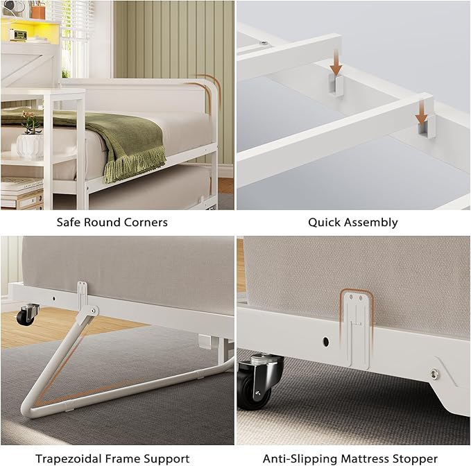 VIAGDO Daybed Twin with Pop Up Trundle, Farmhouse Wooden Day Bed Frame with 3 Storage Drawers and Shelves, Twin to King Daybed with Charging Station and LED Lights for Bedroom, Guest Room, White