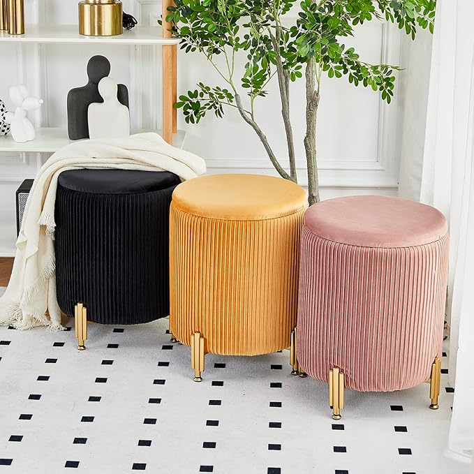 Mxfurhawa Round Ottoman Foot Stool with Storage and Metal Legs for Living Room Bedroom, Velvet Upholstered Footrest Stool Support 300lbs Modern Padded Seat Ottoman Coffee Table (Cream)