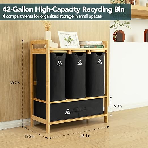 Terratur 4 Section Recycling Bin for Kitchen – Dual Trash and Recycle Bins for Paper, Plastic, Cans – Indoor Bamboo Recycling Organizer – Decorative Wooden Recycle Bins for Kitchen & Office