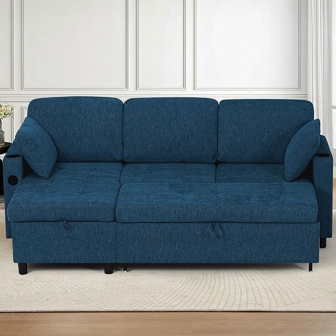 84" Chenille Pull Out Sofa Bed w/Adjustable Backrest, L-Shape Modern Sleeper Sofa w/Reversible Chaise, Upholstered Sectional Couch w/USB Port and Side Pockets for Living Room, House, Blue