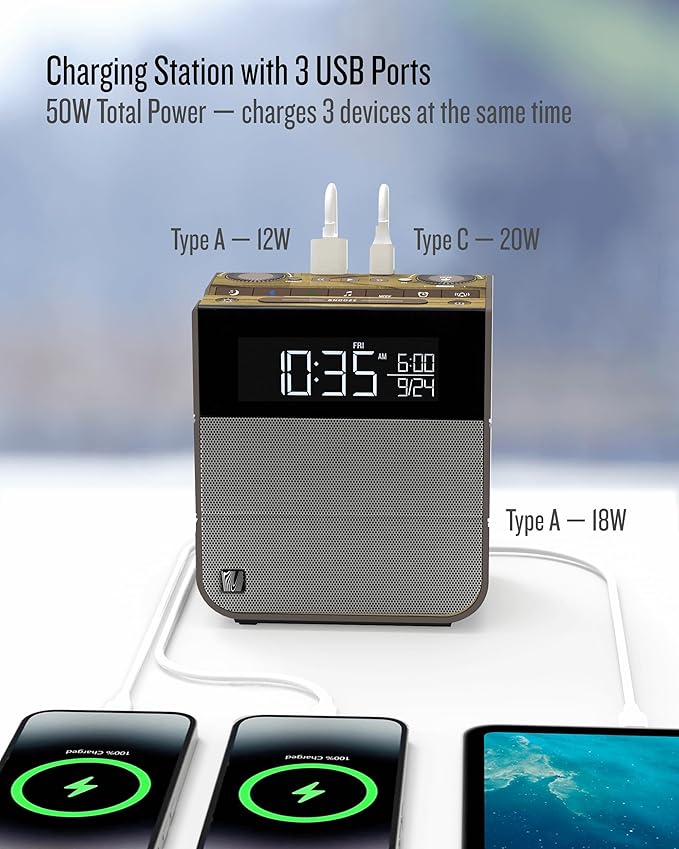 Soundfreaq Sound Rise II, SFQ-16: Bedside Alarm Clock Radio & Bluetooth Speaker, with Large Display Screen, FM Radio, Fast USB Charging, and Nature Sound (Wood Taupe)