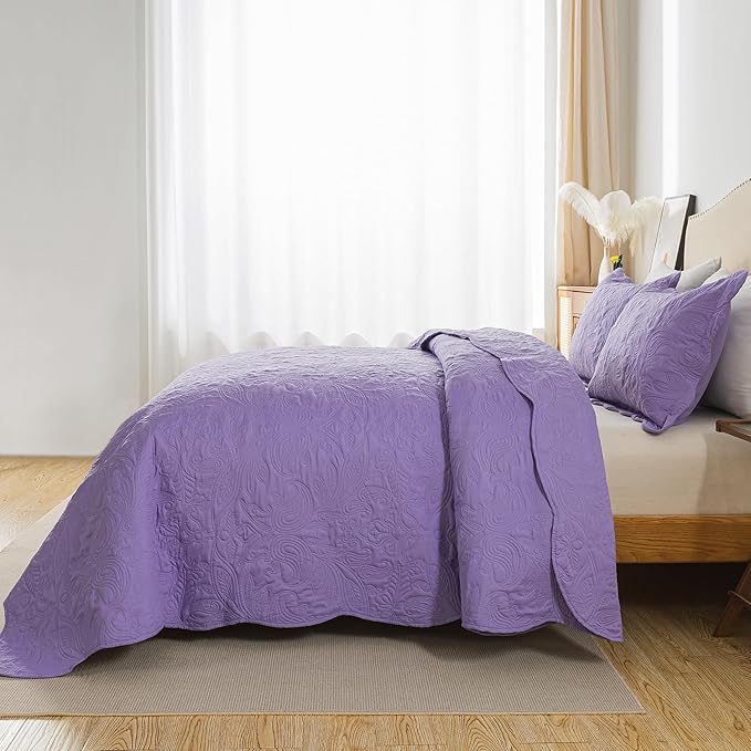 HoneiLife Quilt Sets King Size - 3 Pieces Microfiber Quilt Set Lightweight Bedspreads Reversible Coverlets Rustic Bed Cover King Quilt Bedding Set All Season Quilts-Purple
