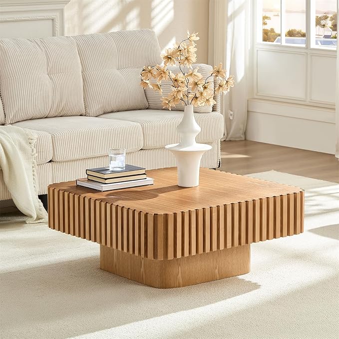 LKTART Square Coffee Table for Living Room, Accent Fluted Coffee Table with Storage, Modern Solid Wood Veneered Large Center Tea Table for Small Space Apartment (35.4''D×16''H-Natural)
