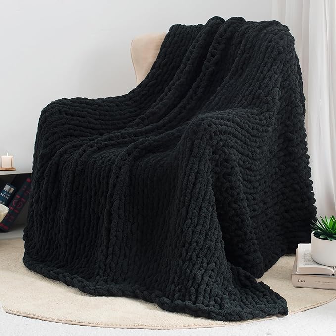 Chunky Knit Throw Blanket 50"X 60", 100% Handmade with Soft Chenille Yarn, 4.4lbs Thick Cable Knitted Blankets, Large Rope Knot Crochet Throws for Couch Sofa Bed Home Decor, Black