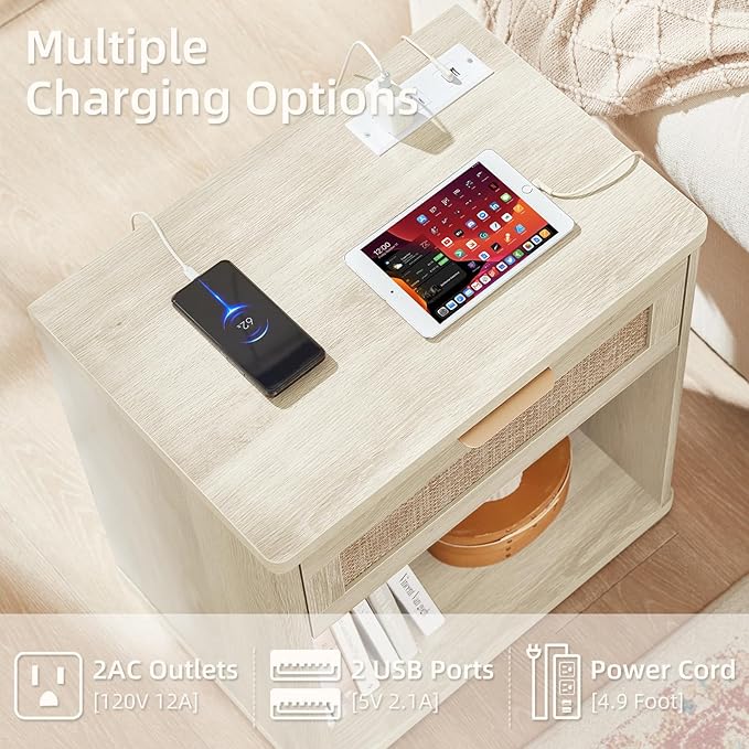LEYAOYAO Rattan Dresser and Nightstand Set of 3, Boho Wood Dresser for Bedroom with 6 Drawers and Night Stand with Charging Station, Bedroom Furniture, Dressers & Chests of Drawers,Hallway,Living Room