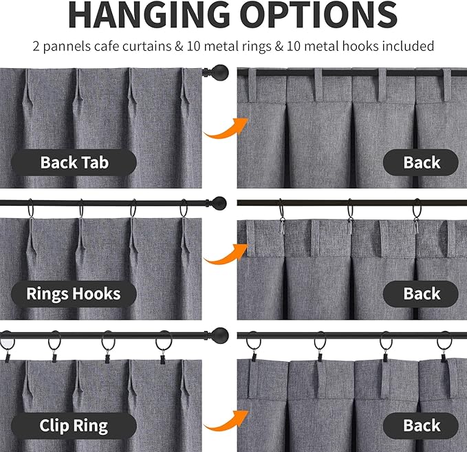 WdFour 24x30 Inch Pinch Pleated Blackout Cafe Curtains - Pack of 2, 100% Light Blocking Back Tab Drapes for Half Windows, Kitchen & Bathroom Short Curtains in Dark Gray