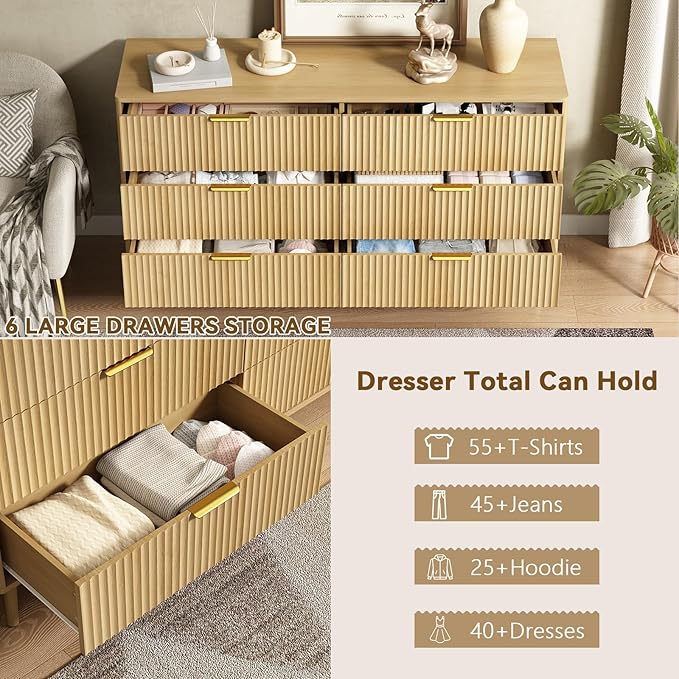 CARPETNAL Fluted 6 Drawer Dresser for Bedroom, 55" Wide Wooden Chest of Drawers with Rounded Corners, Gold Handles, Modern Storage Organizer for Bedroom, Hallway(Oak)