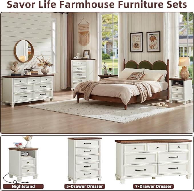 SAVOR LIFE Farmhouse Side Table with Charging Station, Antique Nightstands with Drawers, Bedside Table with Open Shelf for Bedroom, White