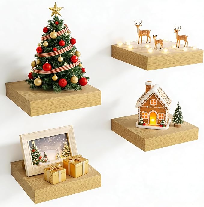 Axeman Square Floating Shelves for Wall, 8" W x 8" D x 1.4" H Rustic Wooden Wall Shelves, 4 Pack Wall Mounted Floating Shelf with Invisible Brackets for Living Room, Bathroom, Kitchen, Oak Color