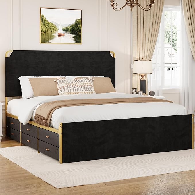 King Size Bed Frame with 12 Storage Drawers and Headboard, Metal Platform Bedframe, No Box Spring Needed, Stable and Solid, Noise Free. (Black+Velvet, King)