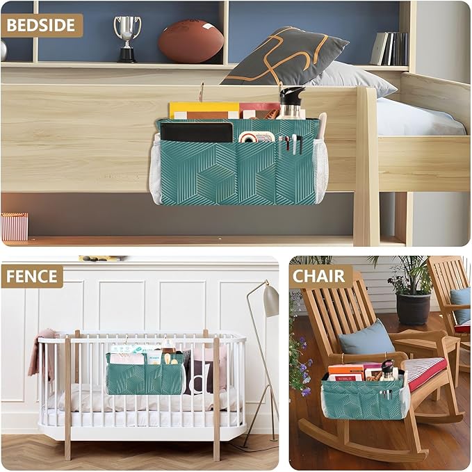 Bedside Caddy Hanging Bunk Bed Caddy Bed Organizer Hanging Pocket with 2 Hooks Bedside Storage Organizer Pocket Bag Holder Geometric Green